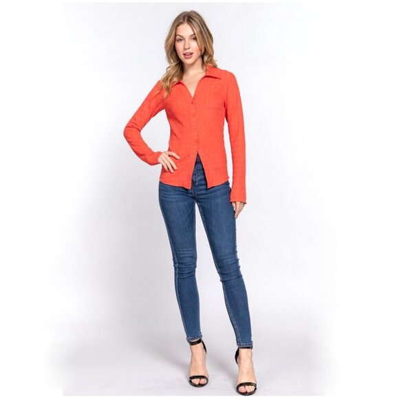 Long Sleeve Button Down Textured Knit Shirt in Purple - Picture 9 of 9